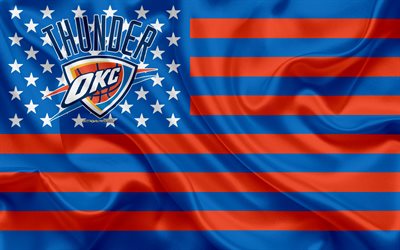 Oklahoma City Thunder, Americano de basquete clube, American criativo bandeira, vermelho bandeira azul, NBA, Oklahoma City, Oklahoma, EUA, logo, emblema, seda bandeira, Associa&#231;&#227;o Nacional De Basquete, basquete