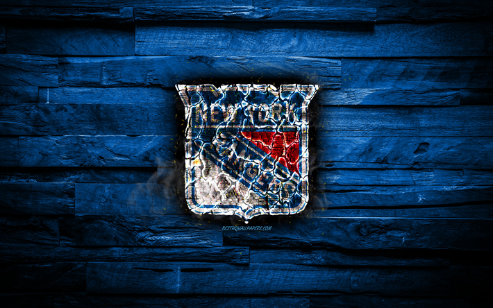 Les Rangers de New York fiery logo, NHL, bleu, en bois, fond, am&#233;ricaine de hockey de l&#39;&#233;quipe, du grunge, de la Conf&#233;rence est, NY Rangers, le hockey, les Rangers de New York, le logo, le feu de la texture, &#233;tats-unis
