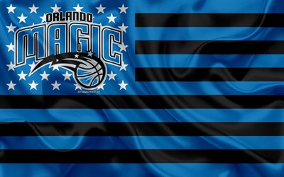 Orlando Magic, American basketball club, American creative flag, black and blue flag, NBA, Orlando, Florida, USA, logo, emblem, silk flag, National Basketball Association, basketball