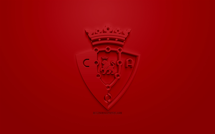 CA Osasuna, creative 3D logo, red background, 3d emblem, Spanish football club, La Liga 2, Segunda, Pamplona, Spain, 3d art, football, 3d logo