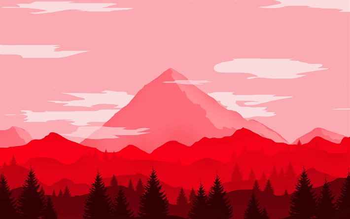 4k, montagnes, paysage rouge, œuvres d&#39;art, cr&#233;atif, minimal, montagnes rouges