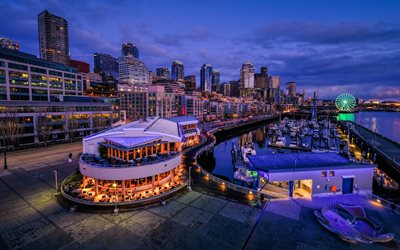 Seattle, le soir, paysage urbain, gratte-ciel, ville am&#233;ricaine, baie, yachts, Washington, &#233;tats-unis