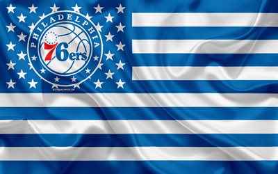 Philadelphia 76ers, American basketball club, Amerikkalainen luova lippu, valkoinen sininen lippu, NBA, Philadelphia, Pennsylvania, USA, logo, tunnus, silkki lippu, National Basketball Association, koripallo