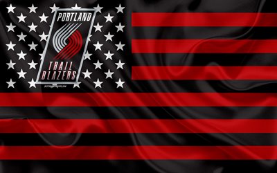 Portland Trail Blazers, Estadounidense de baloncesto del club, American creativo de la bandera, la roja bandera negra, de la NBA, Portland, Oregon, estados UNIDOS, logotipo, emblema, bandera de seda, Asociaci&#243;n Nacional de Baloncesto, baloncesto