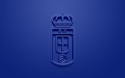 ريال أوفييدو, الإبداعية شعار 3D, خلفية زرقاء, 3d شعار, الاسباني لكرة القدم, الدوري 2, الثاني, أوفييدو, إسبانيا, الفن 3d, كرة القدم, شعار 3d