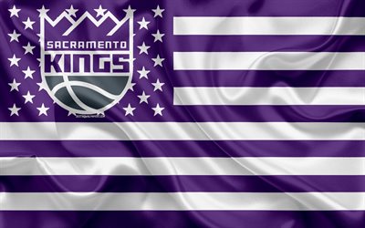 Sacramento Kings, American basketball club, American creative flag, violet white flag, NBA, Sacramento, California, USA, logo, emblem, silk flag, National Basketball Association, basketball