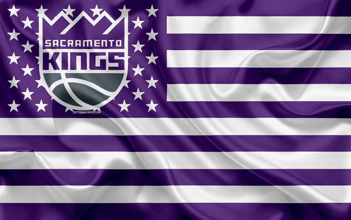 Sacramento Kings, Americano de basquete clube, American criativo bandeira, violeta bandeira branca, NBA, Sacramento, Calif&#243;rnia, EUA, logo, emblema, seda bandeira, Associa&#231;&#227;o Nacional De Basquete, basquete