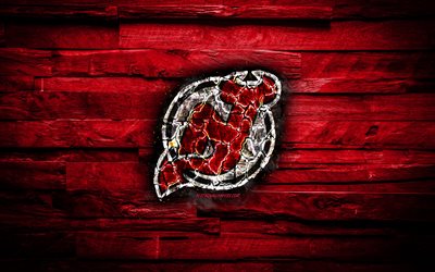 New Jersey Devils, fiery logo, NHL, red wooden background, american hockey team, grunge, Eastern Conference, hockey, New Jersey Devils logo, fire texture, USA