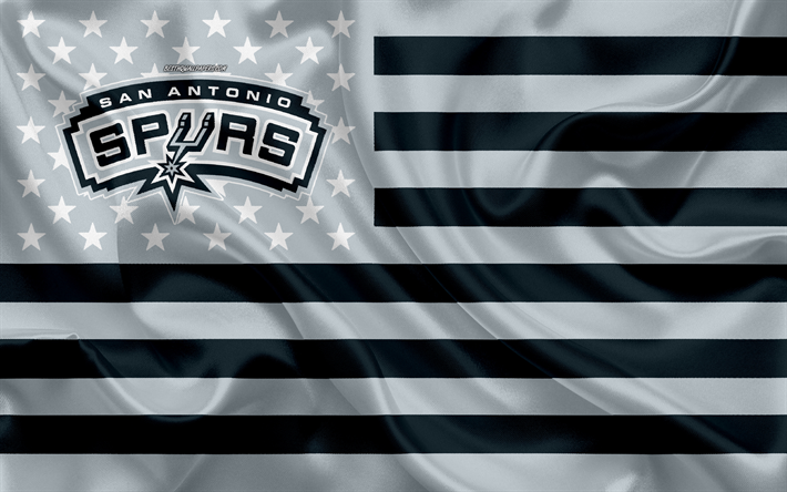 San Antonio Spurs, Amerikan basketbol kul&#252;b&#252;, Amerikalı yaratıcı bayrağı, gri mavi bayrak, NBA, San Antonio, Texas, ABD, logo, amblem, ipek bayrak, Basketbol