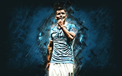 Sergio Aguero del Manchester City FC, in Avanti, la pietra blu, ritratto, calciatori famosi, calcio, calciatori Argentini, grunge, Premier League, Inghilterra