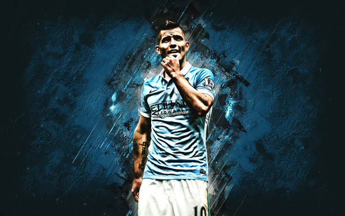 Sergio Aguero, Manchester City FC, Forward, blue stone, portrait, famous footballers, football, Argentinian footballers, grunge, Premier League, England