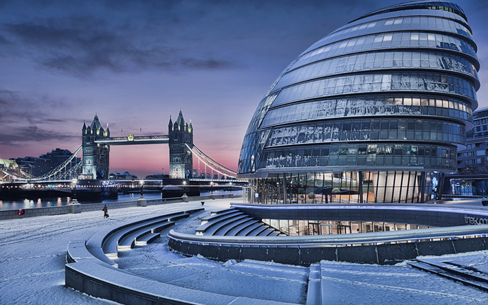 City Hall, Tower Bridge, 4k, winter, modern buildings, London, UK, HDR, United Kingdom, England