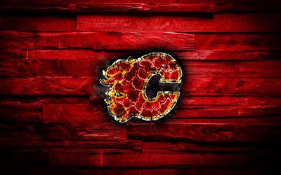Calgary Flames, ardiente logotipo, NHL, rojo fondo de madera, american equipo de hockey, el grunge, el de la Conferencia Oeste, hockey, Calgary Flames logotipo, fuego textura, estados UNIDOS