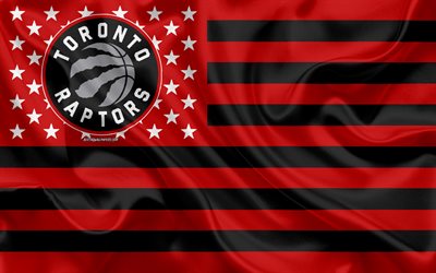 Toronto Raptors, Kanada basketbol kul&#252;b&#252;, yaratıcı Amerikan bayrağı, kırmızı siyah bayrak, NBA, Toronto, Ontario, Kanada, ABD, logo, amblem, ipek bayrak, Basketbol