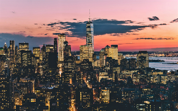 Nueva York, Manhattan, ciudad de Am&#233;rica, puesta de sol, rascacielos, Centro de Comercio Mundial 1, paisaje urbano, ciudad de nueva york, estados UNIDOS
