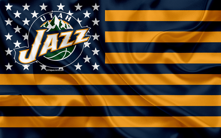 Utah Jazz, Americano de basquete clube, American criativo bandeira, azul amarelo da bandeira, NBA, Salt Lake City, Utah, EUA, logo, emblema, seda bandeira, Associa&#231;&#227;o Nacional De Basquete, basquete
