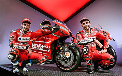 Andrea Dovizioso, Danilo Petrucci, 4k, MotoGP, 2019 motos, Ducati Desmosedici GP19, bicicletas de carreras, Dovizioso y Petrucci, Misi&#243;n Desterrar Equipo Ducati MotoGP 2019, Ducati, HDR
