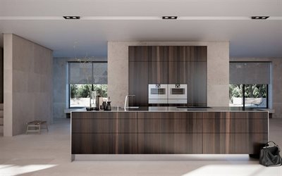 moderno e elegante, cozinha de design de interiores, de madeira marrom escuro m&#243;veis, interior elegante, cozinha, interior moderno, sala de jantar