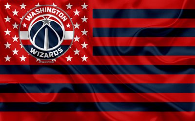 Washington Wizards, American basketball club, Amerikkalainen luova lippu, sininen punainen lippu, NBA, Washington, USA, logo, tunnus, silkki lippu, National Basketball Association, koripallo
