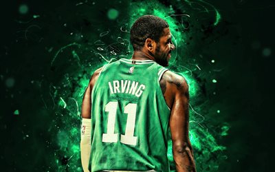 Kyrie Irving, back view, Boston Celtics, NBA, basketball stars, Kyrie Andrew Irving, neon lights, basketball, creative, Irving Celtics