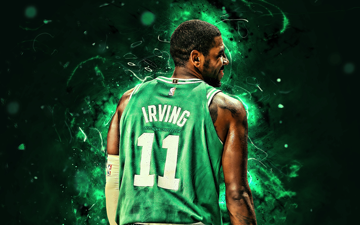 Kyrie Irving, vista posteriore, Boston Celtics, NBA, basket stars, Kyrie Andrew Irving, luci al neon, basket, creativo, Irving Celtics