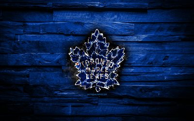 Toronto Maple Leafs, ateşli logosu, NHL, mavi ahşap arka plan, Amerikan hokey takımı, grunge, Doğu Konferansı, hokey, Toronto Maple Leafs logo, yangın doku, USA