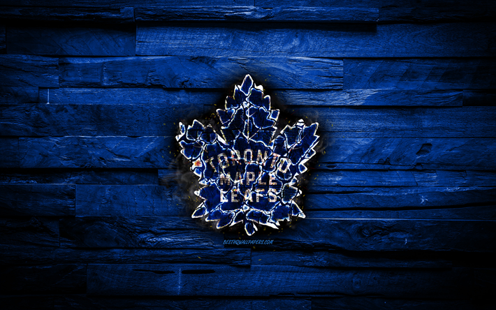 Toronto Maple Leafs, fiery logo, NHL, blue wooden background, american hockey team, grunge, Eastern Conference, hockey, Toronto Maple Leafs logo, fire texture, USA