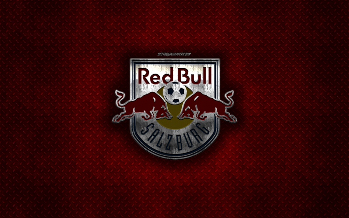 FC Red Bull Salzburg, Austrian football club, red metal texture, metal logo, emblem, Salzburg, Austria, Austrian Football Bundesliga, creative art, Bundesliga, football