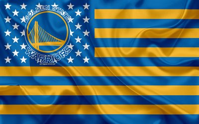 Golden State Warriors, American basketball club, American creative flag, yellow blue flag, NBA, Oakland, California, USA, logo, emblem, silk flag, National Basketball Association, basketball