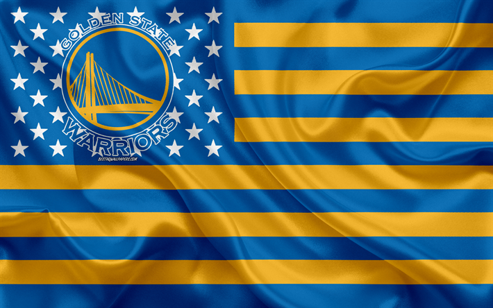 Golden State Warriors, American basketball club, American creativo bandiera gialla bandiera blu, NBA, Oakland, California, USA, logo, stemma, bandiera di seta, Associazione Nazionale di Basket, basket
