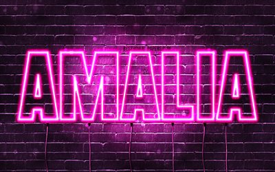 Amalia, 4k, pap&#233;is de parede com os nomes de, nomes femininos, Amalia nome, roxo luzes de neon, texto horizontal, imagem com Amalia nome