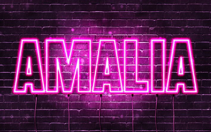 Amalia, 4k, wallpapers with names, female names, Amalia name, purple neon lights, horizontal text, picture with Amalia name