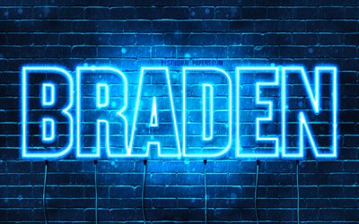 Braden, 4k, wallpapers with names, horizontal text, Braden name, blue neon lights, picture with Braden name