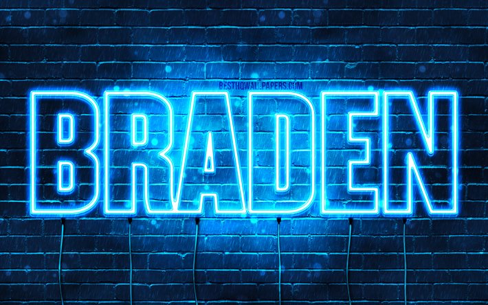 Braden, 4k, fondos de pantalla con los nombres, el texto horizontal, Braden nombre, luces azules de ne&#243;n, imagen con Braden nombre