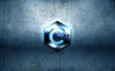 Cプラスプラス金属のロゴ, グランジ, プログラミング言語の看板, 青色の金属の背景, C以上, 創造, プログラミング言語, Cプラスプラスロゴ