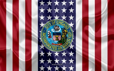 Chicago Seal, 4k, silk texture, American Flag, USA, Chicago, Illinois, American City, Seal of the Chicago, silk flag