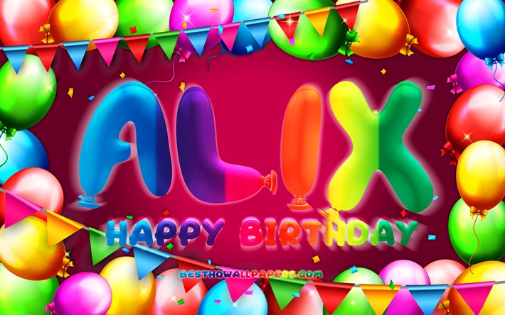 お誕生日おめでAlix, 4k, カラフルバルーンフレーム, Alix名, 紫色の背景, Alix誕生日, 人気のフランスの女性の名前, 誕生日プ, Alix
