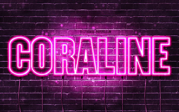 Coraline, 4k, wallpapers with names, female names, Coraline name, purple neon lights, horizontal text, picture with Coraline name