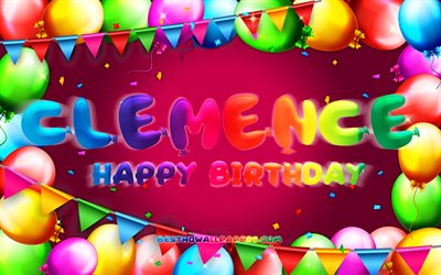 お誕生日おめでClemence, 4k, カラフルバルーンフレーム, Clemence名, 紫色の背景, Clemenceお誕生日おめで, Clemence誕生日, 人気のフランスの女性の名前, 誕生日プ, Clemence