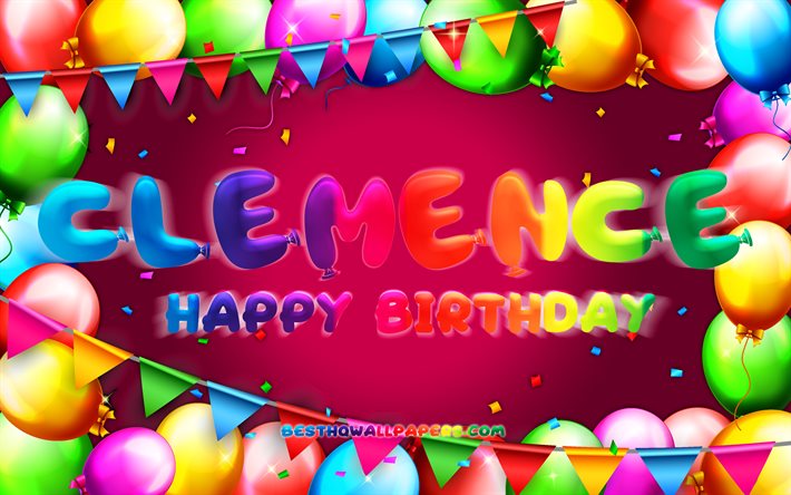 お誕生日おめでClemence, 4k, カラフルバルーンフレーム, Clemence名, 紫色の背景, Clemenceお誕生日おめで, Clemence誕生日, 人気のフランスの女性の名前, 誕生日プ, Clemence