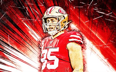 George Kittle, 4k, grunge art, NFL, San Francisco 49ers, american football, tight end, George Krieger Kittle, red abstract rays, National Football League, George Kittle San Francisco 49ers, George Kittle 4K