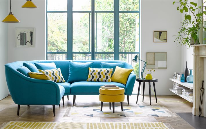 stylish interior, living room, blue sofa, retro interior style, living room project
