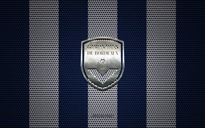 L&#39;FC Girondins de Bordeaux, logo, francese football club, metallo emblema, blu bianco maglia metallica sfondo, FC Girondins de Bordeaux, Ligue 1, Bordeaux, in Francia, il calcio