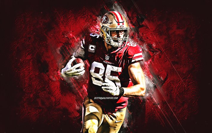 George Kittle, NFL, San Francisco 49ers, american football player, red stone background, creative art, National Football League