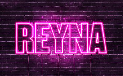 Reyna, 4k, fondos de pantalla con los nombres, los nombres femeninos, Reyna nombre, p&#250;rpura luces de ne&#243;n, el texto horizontal, imagen con el nombre Reyna