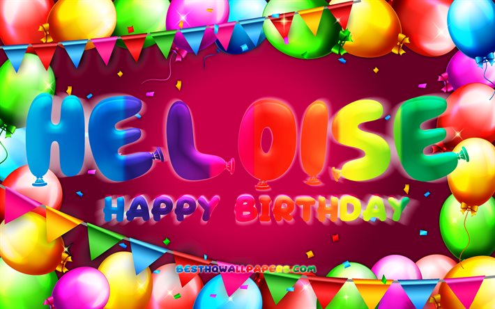 お誕生日おめでHeloise, 4k, カラフルバルーンフレーム, Heloise名, 紫色の背景, Heloiseお誕生日おめで, Heloise誕生日, 人気のフランスの女性の名前, 誕生日プ, Heloise