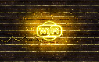 Wi-Fi signo amarillo, 4k, amarillo brickwall, Wi-Fi signo, obras de arte, Wi-Fi letrero de ne&#243;n, Wi-Fi