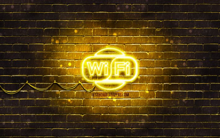 Wi-Fi keltainen merkki, 4k, keltainen brickwall, Wi-Fi-merkki, kuvitus, Wi-Fi valomainos, Wi-Fi