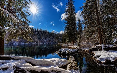 El lago de Cresta, Crestasee, el invierno, la hermosa naturaleza, monta&#241;as, Suiza, Alpes, Flims, suiza naturaleza, HDR