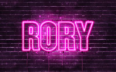 Rory, 4k, wallpapers with names, female names, Rory name, purple neon lights, horizontal text, picture with Rory name